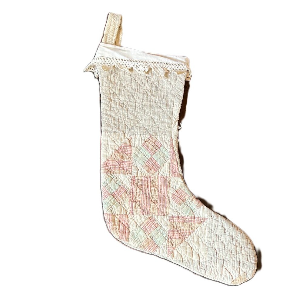 Ivory, Red & Grey Vintage Handmade Quilt and Lace Christmas Stocking